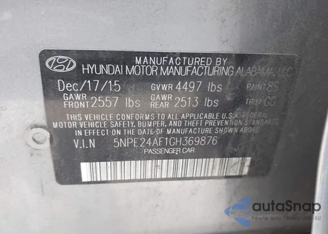 2016 Hyundai Sonata Se z USA, uszkodzony, nr VIN 5NPE24AF1GH369876